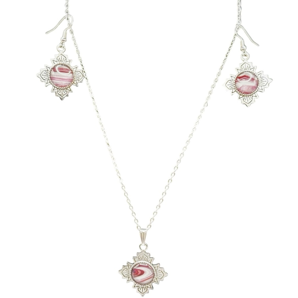 Acrylic Paint Silver Necklace and Earring Set with Pink and gray